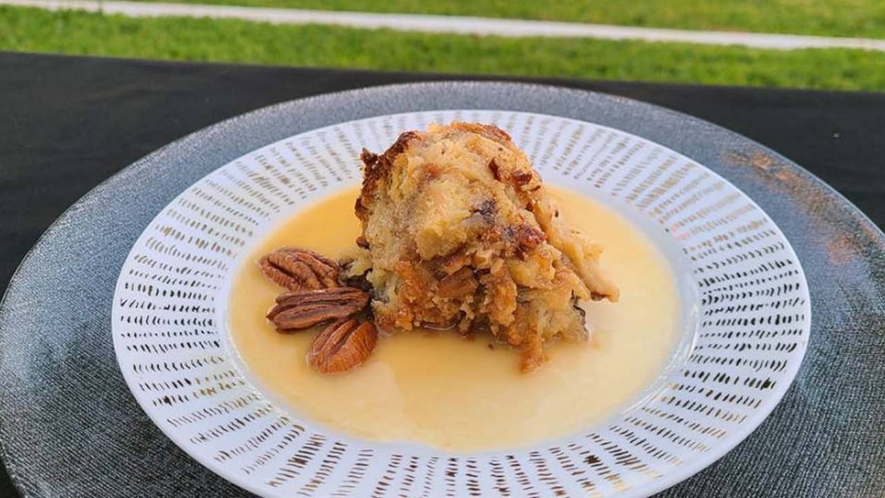 bourbon bread pudding on plate
