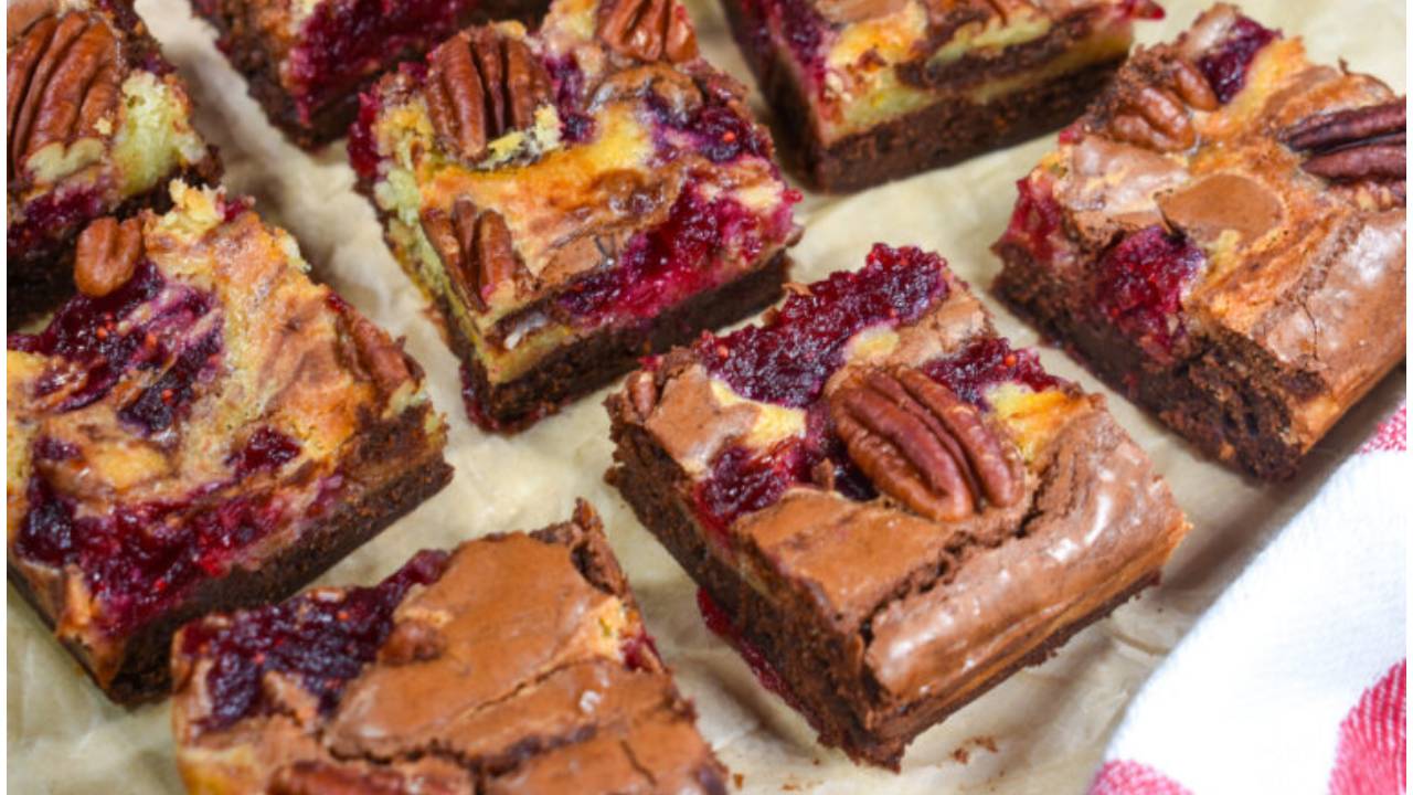 brie, cranberry and pecan brownies cut into slices