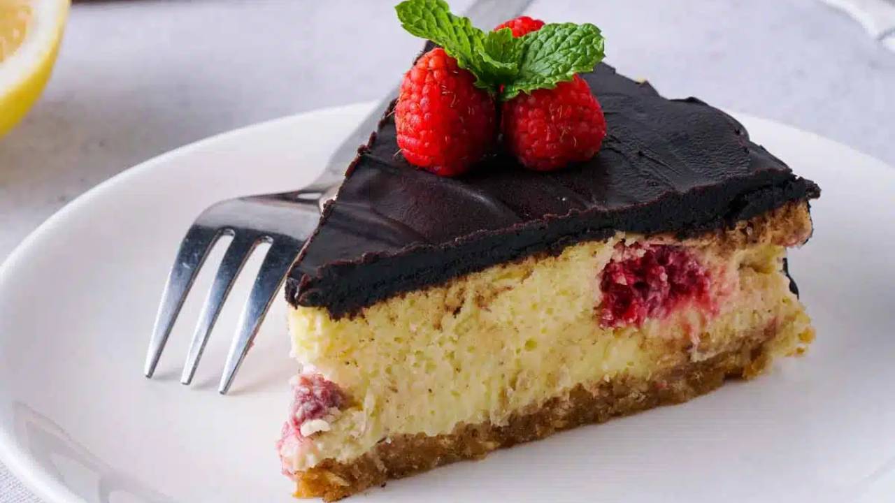 raspberry cheesecake covered in dark chocolate