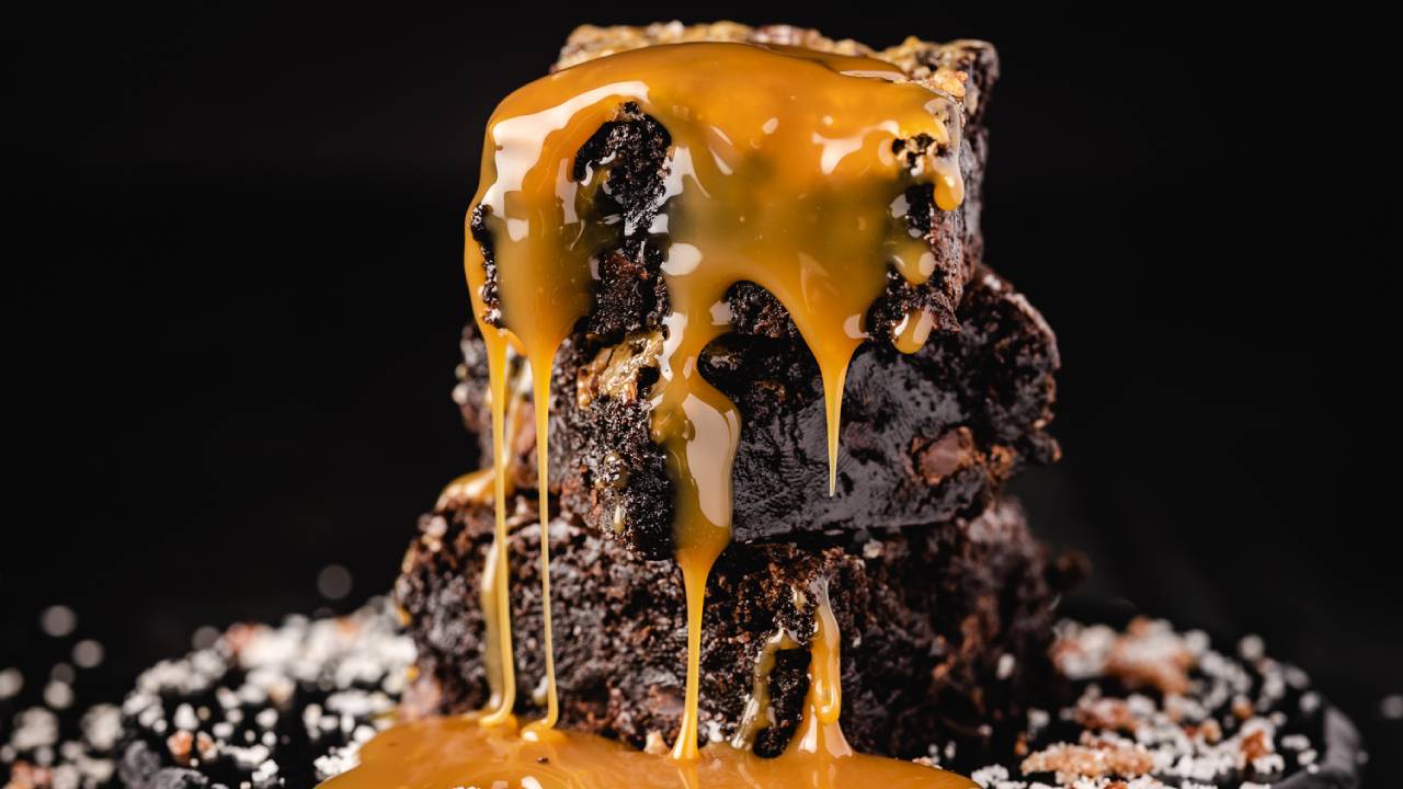 brownies on the grill with bacon salt and caramel sauce