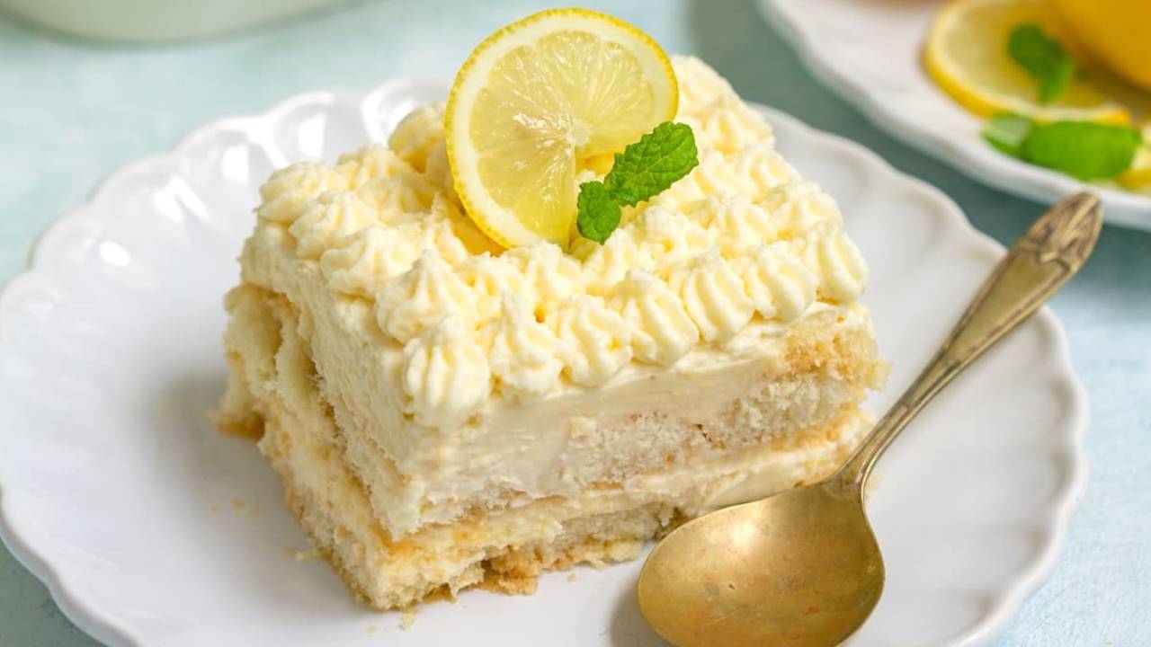 limoncello tiramisu cake on a white plate