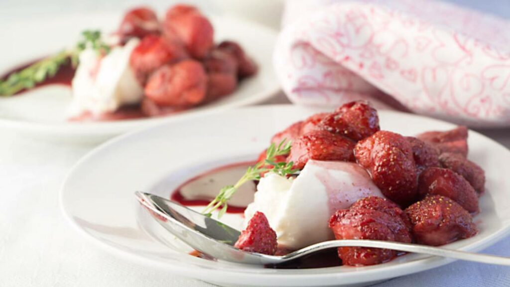 roasted strawberry burrata dessert plated