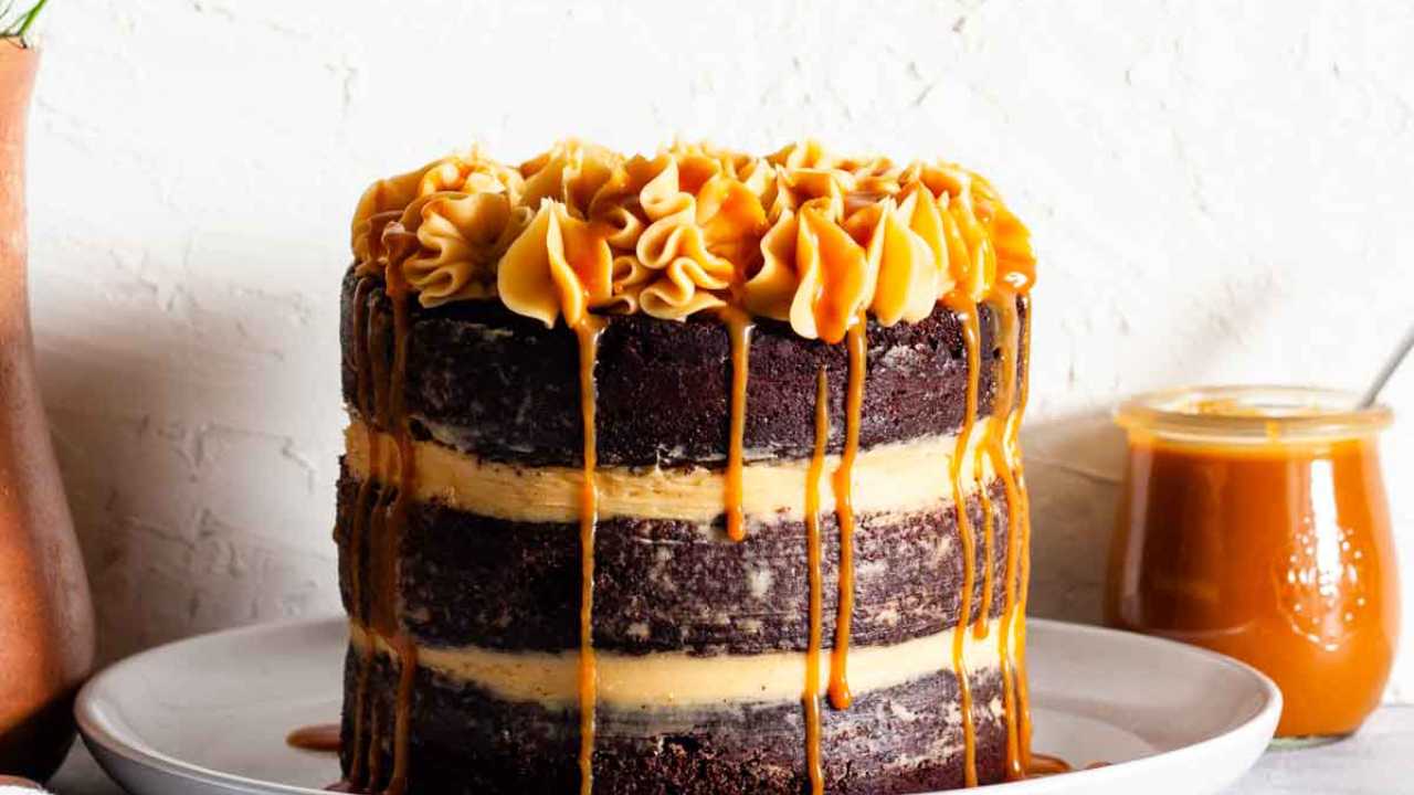 chocolate salted caramel cake on a plate