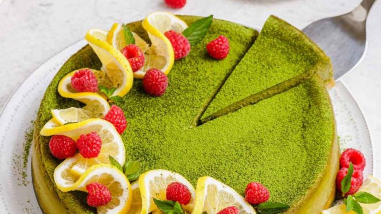 matcha cheesecake decorate with fruit and ready to serve