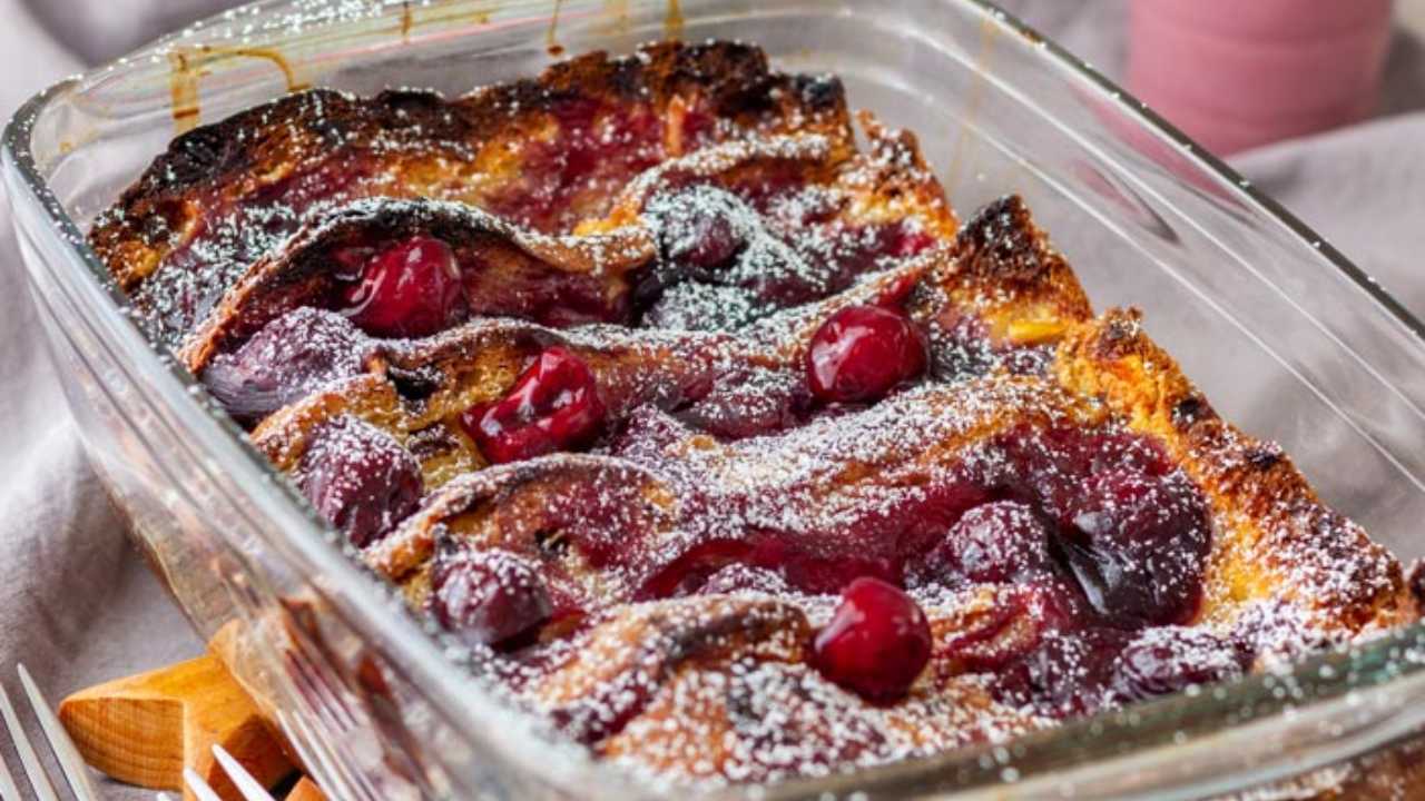 french toast pudding with panettone bread in a dish