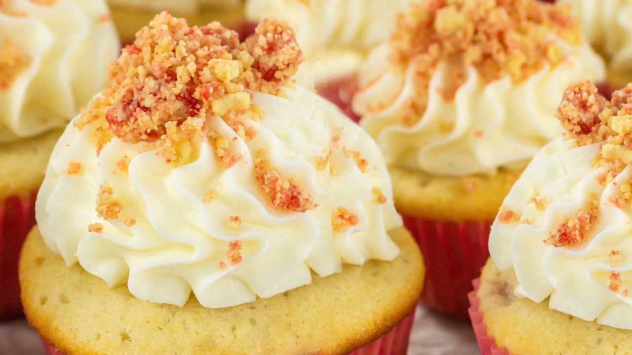 strawberry crunch cupcakes in a row