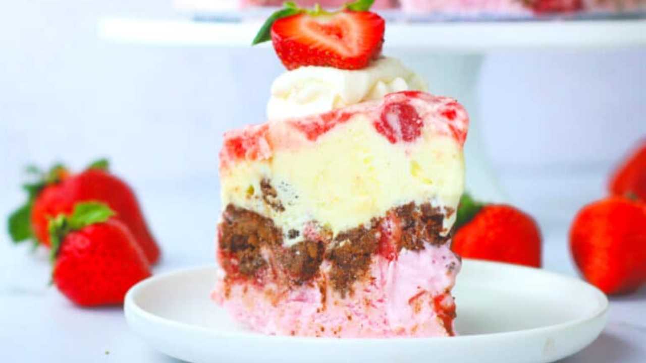 strawberry ice cream cake slice on a plate