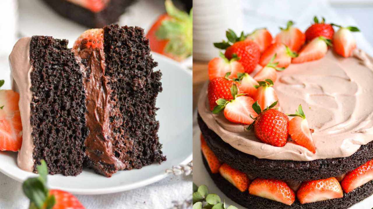 vegan chocolate strawberry cake slice and full cake