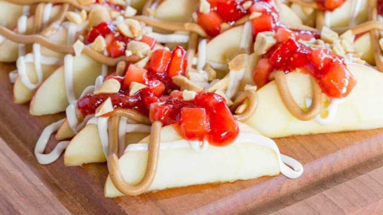 peanut butter and jelly apple nachos stacked